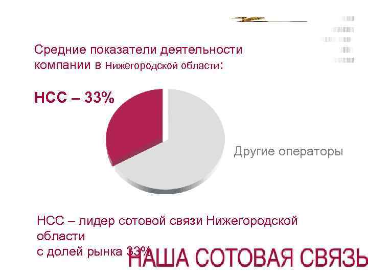 Средние показатели деятельности компании в Нижегородской области: НСС – 33% Другие операторы НСС –