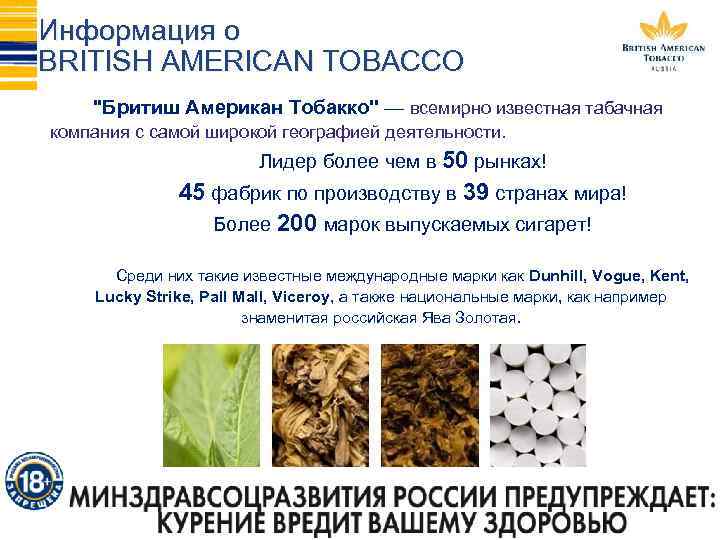 Информация о BRITISH AMERICAN TOBACCO ''Бритиш Американ Тобакко'' — всемирно известная табачная компания с