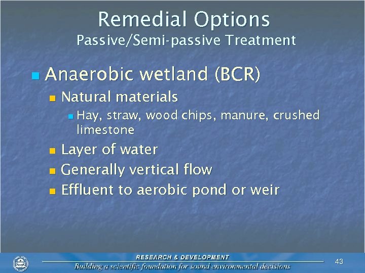 Remedial Options Passive/Semi-passive Treatment n Anaerobic wetland (BCR) n Natural materials n Hay, straw,