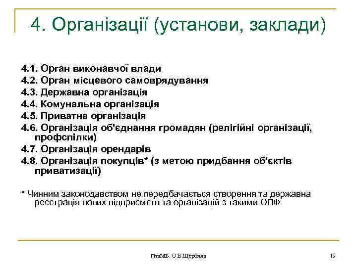 4. Організації (установи, заклади) 4. 1. Орган виконавчої влади 4. 2. Орган місцевого самоврядування