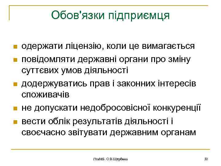 Обов'язки підприємця n n n одержати ліцензію, коли це вимагається повідомляти державні органи про