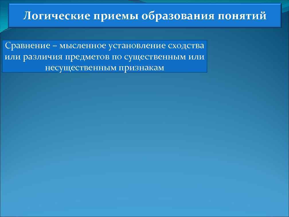 Логические приемы образования понятий Сравнение – мысленное установление сходства или различия предметов по существенным