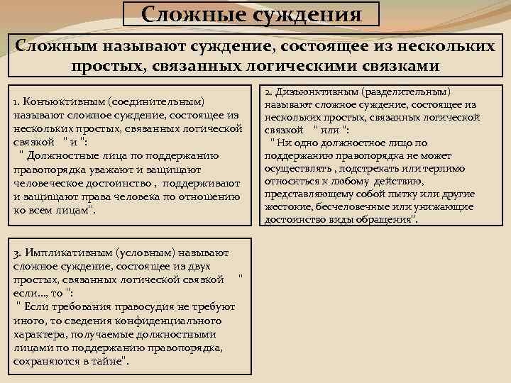Сложные суждения Сложным называют суждение, состоящее из нескольких простых, связанных логическими связками 1. Конъюктивным