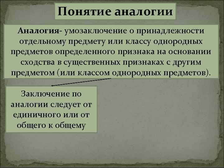 Понятие аналогии Аналогия- умозаключение о принадлежности отдельному предмету или классу однородных предметов определенного признака