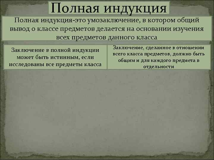 Полная индукция-это умозаключение, в котором общий вывод о классе предметов делается на основании изучения