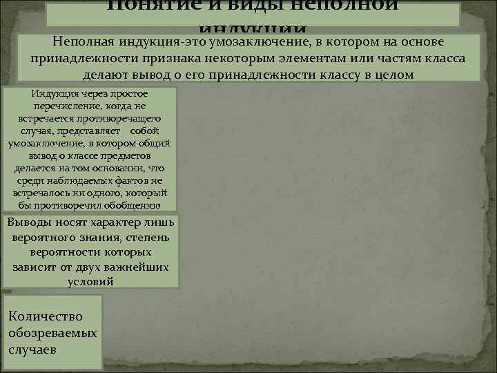 Понятие и виды неполной индукции Неполная индукция-это умозаключение, в котором на основе принадлежности признака