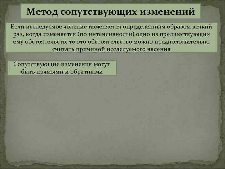 Метод сопутствующих изменений Если исследуемое явление изменяется определенным образом всякий раз, когда изменяется (по
