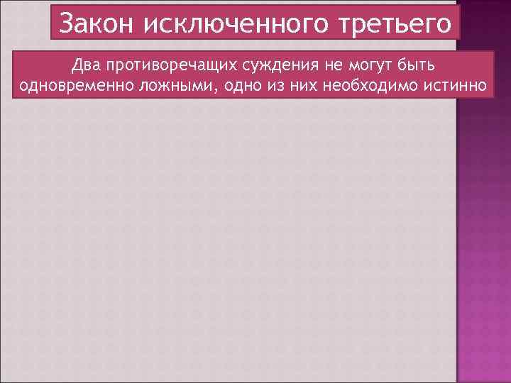 Закон исключенного третьего Два противоречащих суждения не могут быть одновременно ложными, одно из них