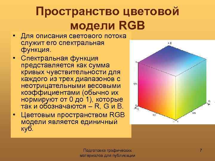 Пространство цветовой модели RGB • Для описания светового потока служит его спектральная функция. •