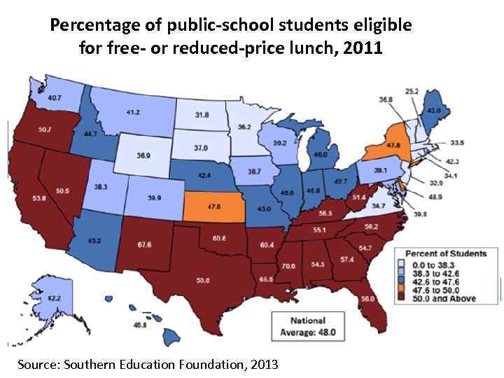 Percentage of public-school students eligible for free- or reduced-price lunch, 2011 Source: Southern Education