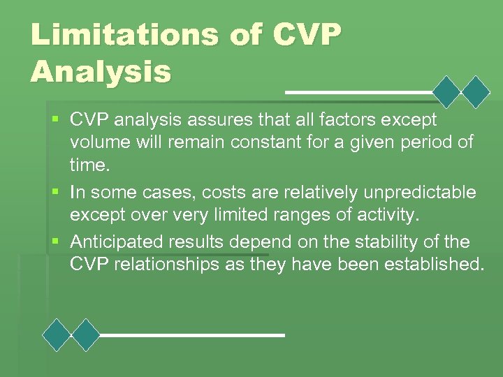 Limitations of CVP Analysis § CVP analysis assures that all factors except volume will