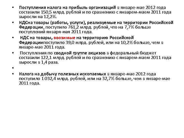  • • • Поступления налога на прибыль организаций в январе-мае 2012 года составили