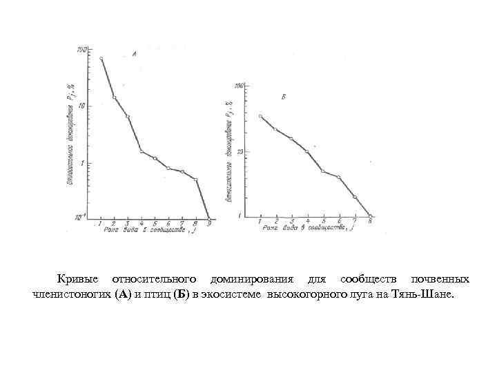 Кривые относительного доминирования для сообществ почвенных членистоногих (А) и птиц (Б) в экосистеме высокогорного