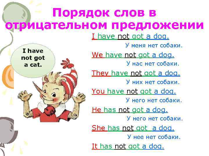 Порядок слов в отрицательном предложении I have not got a dog. I have not