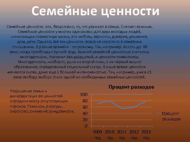 Семейные ценности- это, безусловно, то, что уважают в семье. Считают важным. Семейные ценности у