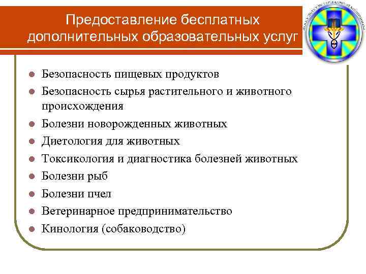 Предоставление бесплатных дополнительных образовательных услуг l l l l l Безопасность пищевых продуктов Безопасность