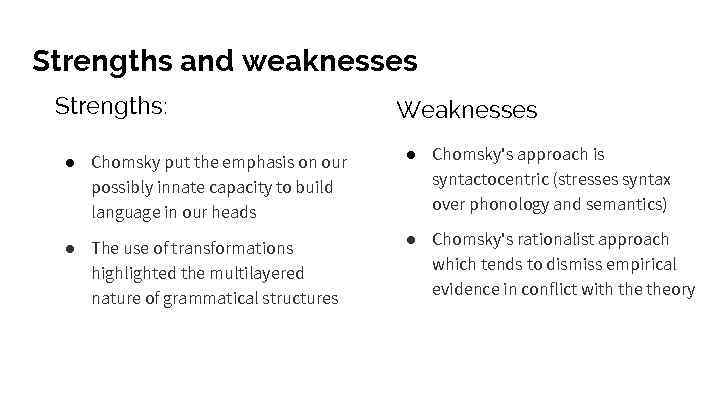 Strengths and weaknesses Strengths: Weaknesses ● Chomsky put the emphasis on our possibly innate