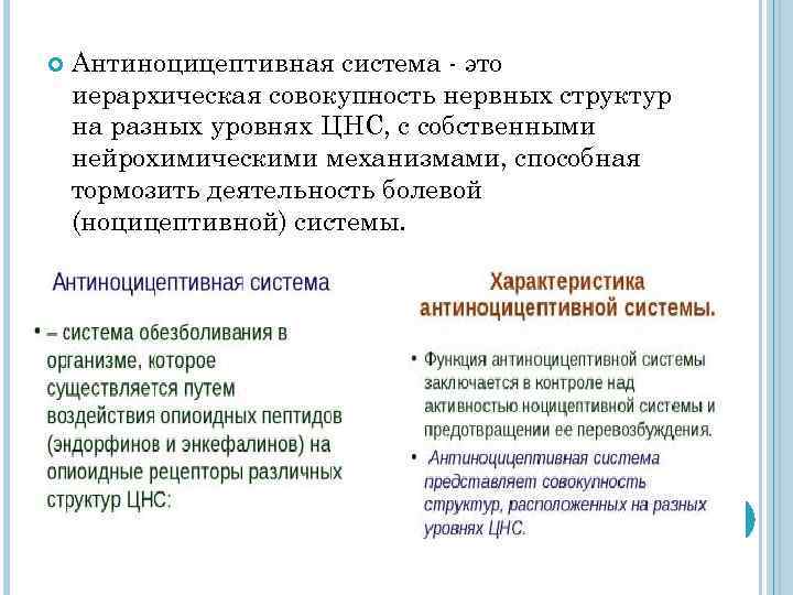  Антиноцицептивная система - это иерархическая совокупность нервных структур на разных уровнях ЦНС, с