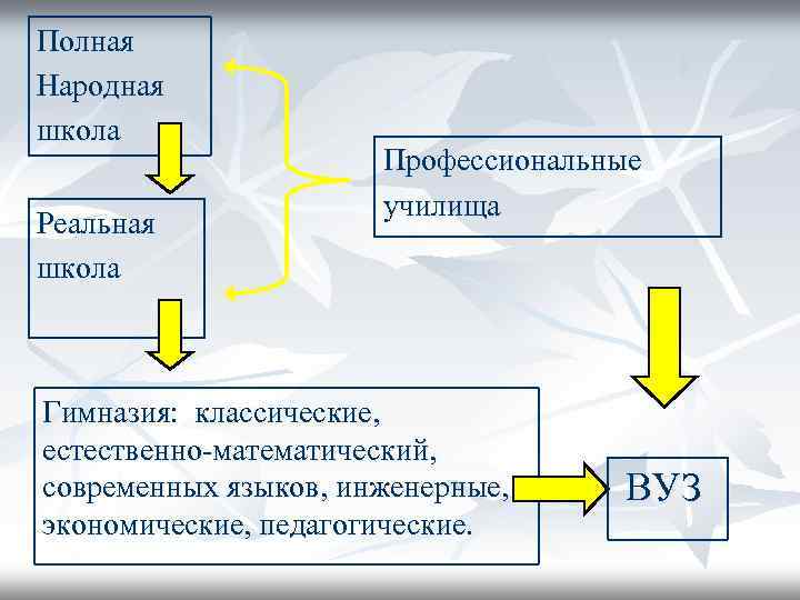 Полная Народная школа Реальная школа Профессиональные училища Гимназия: классические, естественно-математический, современных языков, инженерные, экономические,