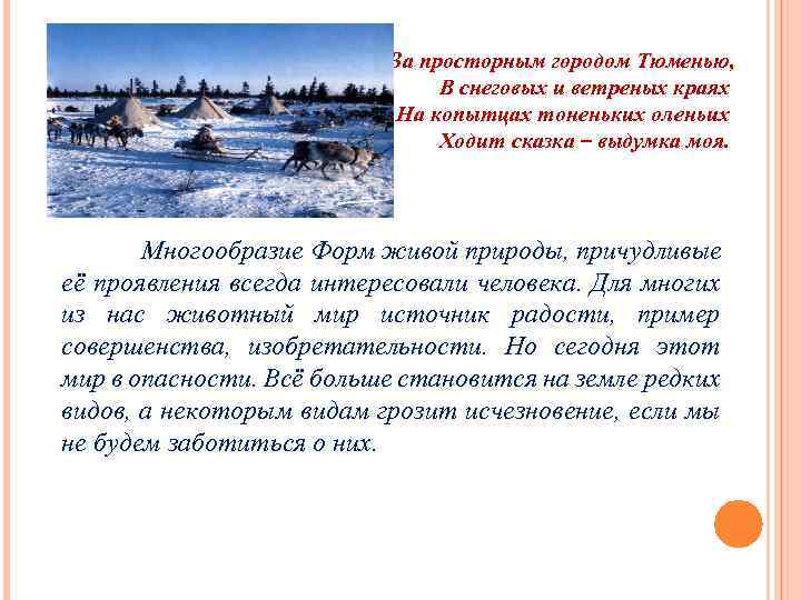 За просторным городом Тюменью, В снеговых и ветреных краях На копытцах тоненьких оленьих Ходит