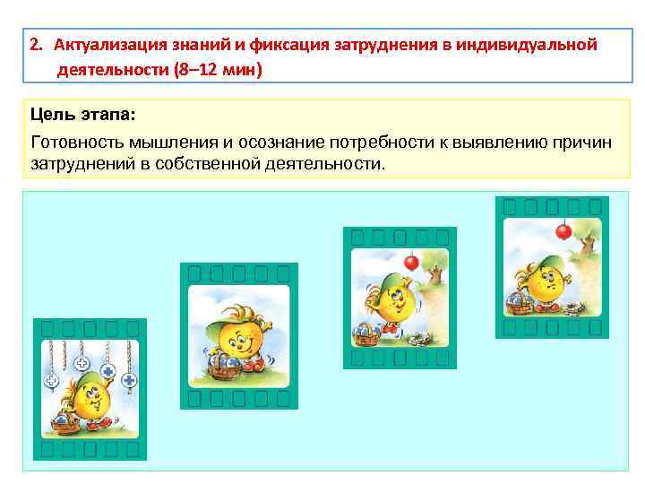2. Актуализация знаний и фиксация затруднения в индивидуальной деятельности (8– 12 мин) Цель этапа: