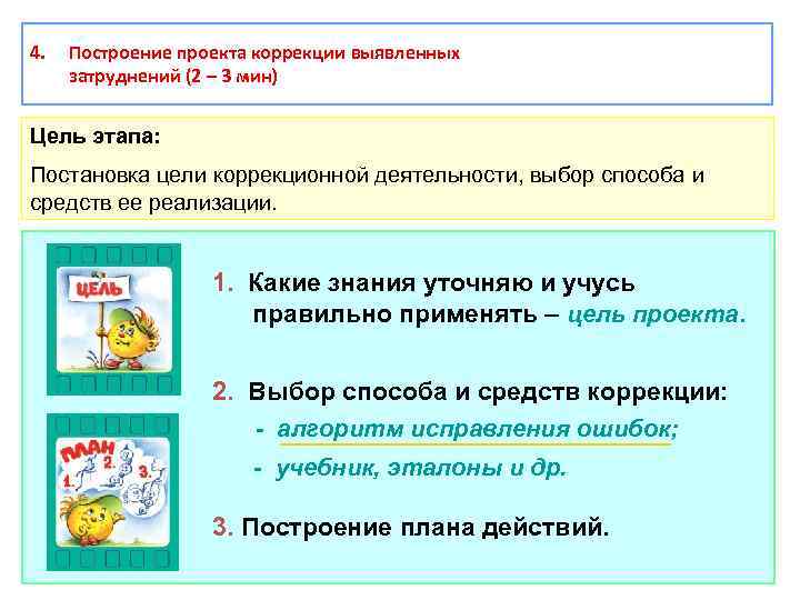 4. Построение проекта коррекции выявленных затруднений (2 – 3 мин) Цель этапа: Постановка цели