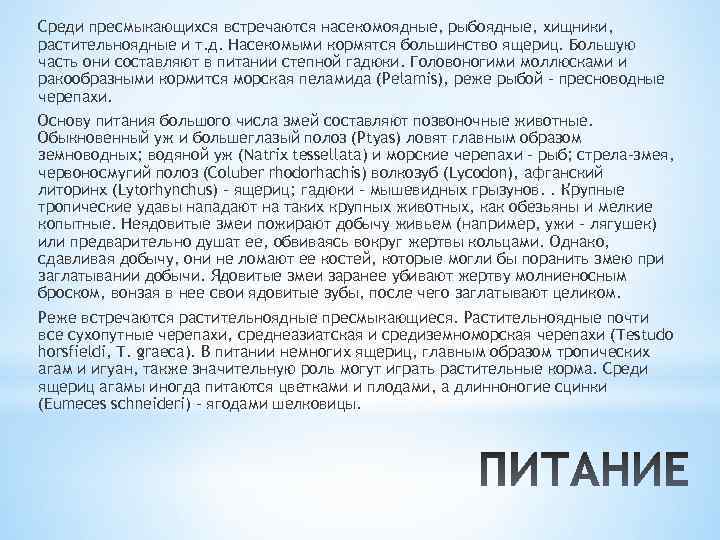 Среди пресмыкающихся встречаются насекомоядные, рыбоядные, хищники, растительноядные и т. д. Насекомыми кормятся большинство ящериц.