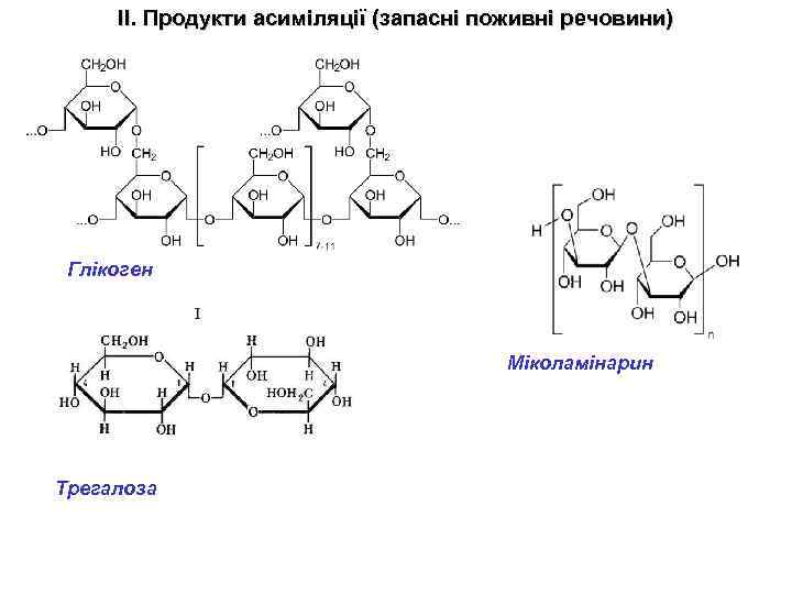 ІІ. Продукти асиміляції (запасні поживні речовини) Глікоген Міколамінарин Трегалоза 