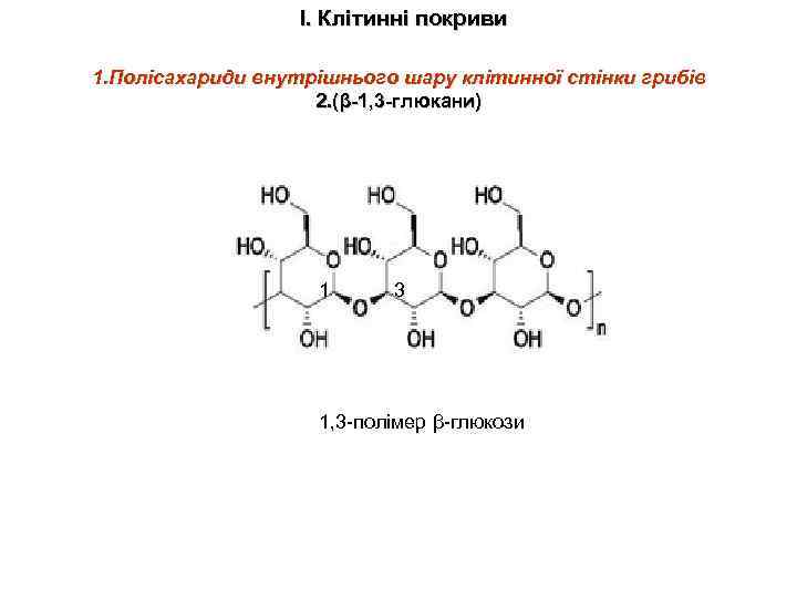 І. Клітинні покриви 1. Полісахариди внутрішнього шару клітинної стінки грибів 2. (β-1, 3 -глюкани)