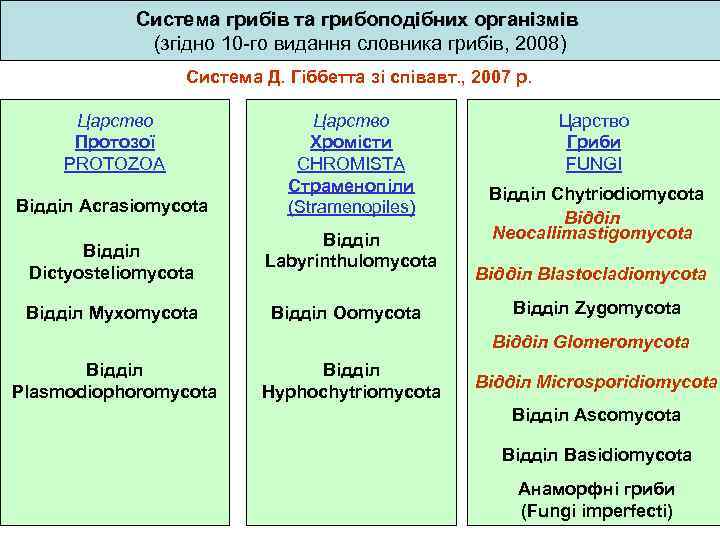 Система грибів та грибоподібних організмів (згідно 10 -го видання словника грибів, 2008) Система Д.