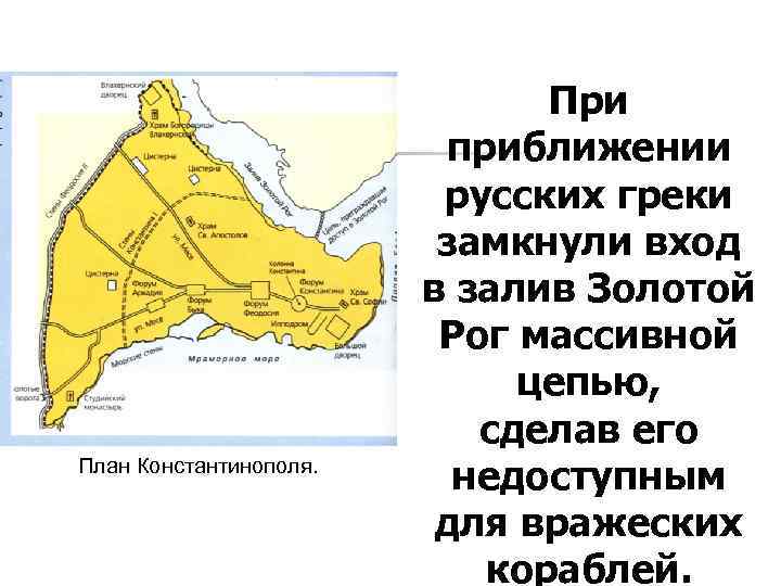 План Константинополя. При приближении русских греки замкнули вход в залив Золотой Рог массивной цепью,