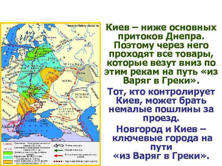 Киев – ниже основных притоков Днепра. Поэтому через него проходят все товары, которые везут