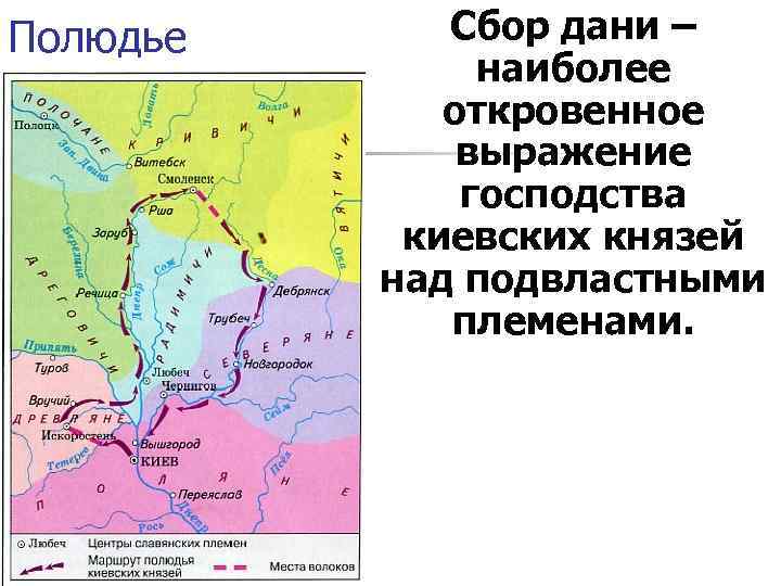 Полюдье Сбор дани – наиболее откровенное выражение господства киевских князей над подвластными племенами. 