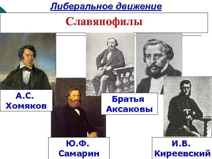 Либеральное движение Славянофилы А. С. Хомяков Братья Аксаковы Ю. Ф. Самарин И. В. Киреевский