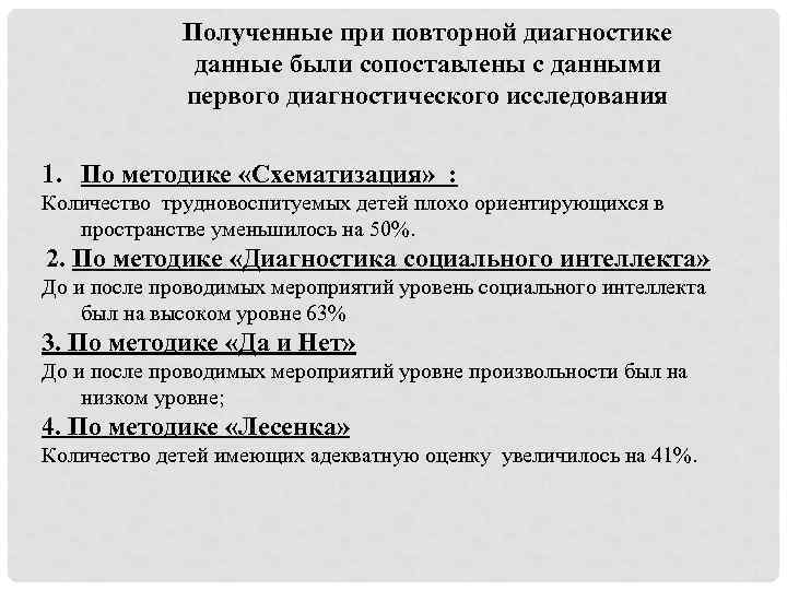 Полученные при повторной диагностике данные были сопоставлены с данными первого диагностического исследования 1. По