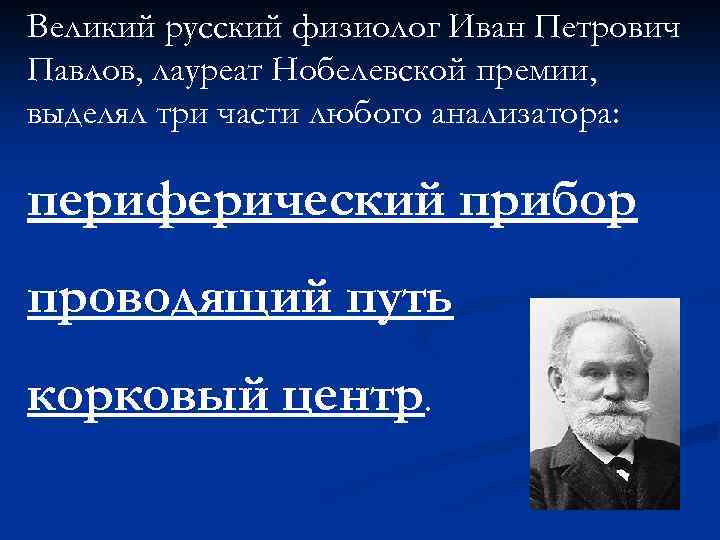 Великий русский физиолог Иван Петрович Павлов, лауреат Нобелевской премии, выделял три части любого анализатора: