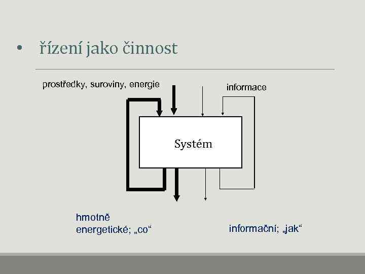  • řízení jako činnost prostředky, suroviny, energie informace Systém hmotně energetické; „co“ informační;