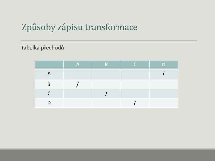  Způsoby zápisu transformace tabulka přechodů A B C D D 