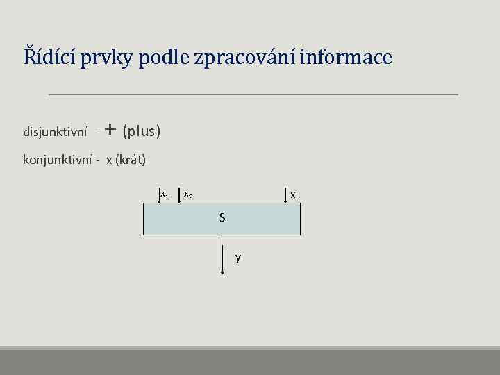 Řídící prvky podle zpracování informace disjunktivní - + (plus) konjunktivní - x (krát) x