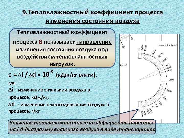 9. Тепловлажностный коэффициент процесса изменения состояния воздуха Тепловлажностный коэффициент процесса показывает направление изменения состояния