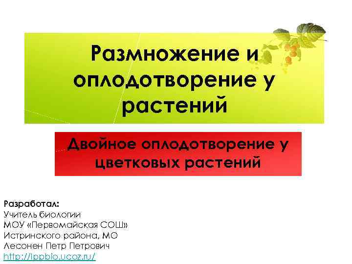 Размножение и оплодотворение у растений Двойное оплодотворение у цветковых растений Разработал: Учитель биологии МОУ