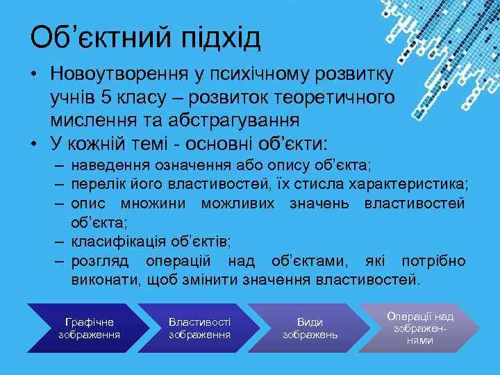 Об’єктний підхід • Новоутворення у психічному розвитку учнів 5 класу – розвиток теоретичного мислення