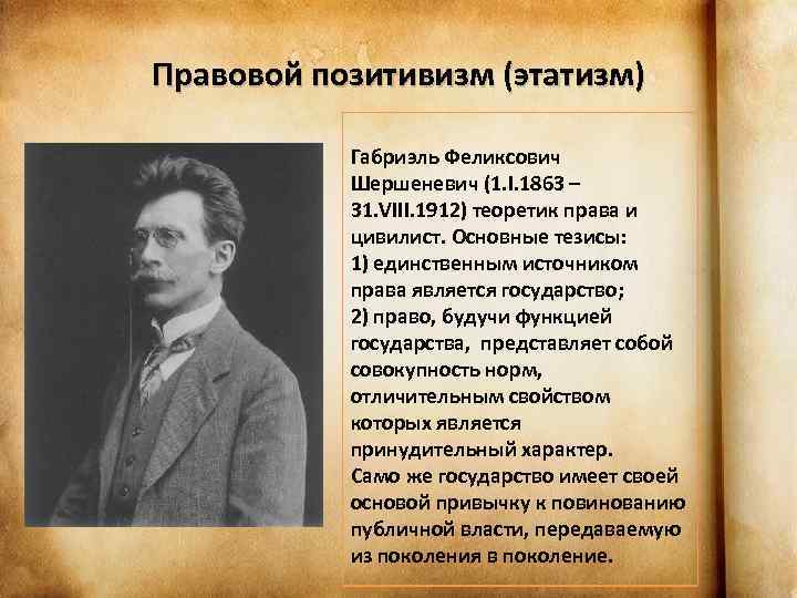 Представителем правового позитивизма был. Габриэль фуликсович шершенувич с. Позитивистская теория права. Габриэль Феликсович Шершеневич. Позитивистская теория представители.