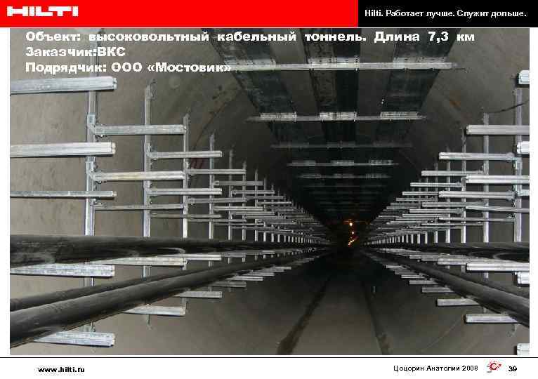 Hilti. Работает лучше. Служит дольше. Объект: высоковольтный кабельный тоннель. Длина 7, 3 км Заказчик: