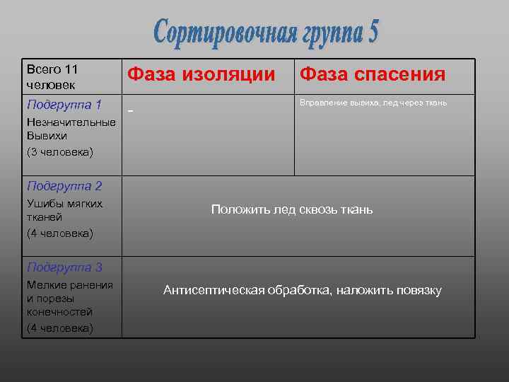 Всего 11 человек Подгруппа 1 Незначительные Вывихи (3 человека) Фаза изоляции Фаза спасения -