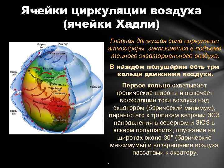 Ячейки циркуляции воздуха (ячейки Хадли) Главная движущая сила циркуляции атмосферы заключается в подъеме теплого