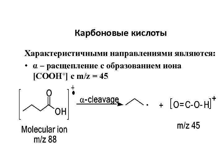 Карбоновые кислоты Характеристичными направлениями являются: • α – расщепление с образованием иона [COOH+] c