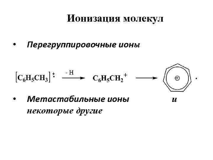 Ионизация молекул • Перегруппировочные ионы • Метастабильные ионы некоторые другие и 