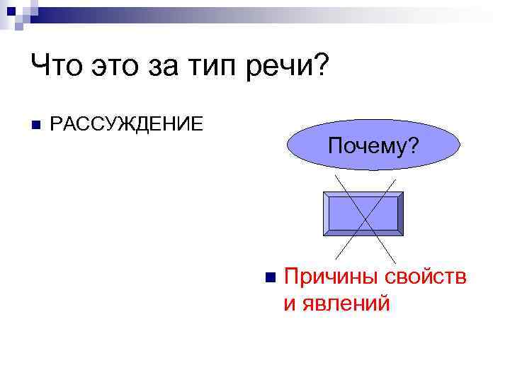 Что это за тип речи? n РАССУЖДЕНИЕ Почему? n Причины свойств и явлений 