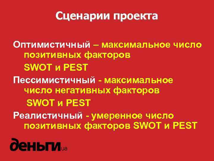 Сценарии проекта Оптимистичный – максимальное число позитивных факторов SWOT и PEST Пессимистичный - максимальное